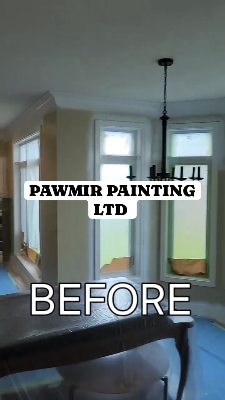 Dining room with dated beige walls, prepped for painting